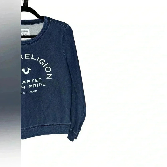 True Religion Sweatshirt Pullover Top Crafted With Pride Logo Blue Stretch S - Picture 3 of 5